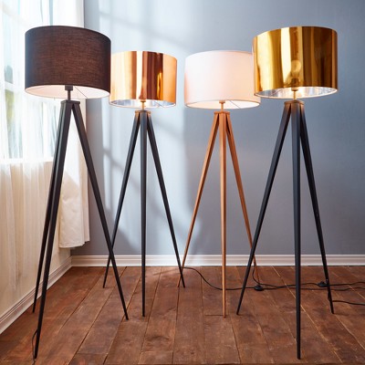 Elegant Black Tripod Outdoor Floor Lamp with Gold Drum Shade