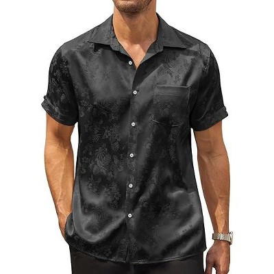 COOFANDY Mens Silk Button Down Short Sleeve Shirt Satin Dress Shirts Summer Beach Wedding Shirt