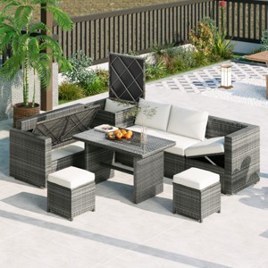 Outdoor 6-Piece All-Weather PE Rattan Wicker Sofa Set with Storage,Adjustable Seat And Tempered Glass Table-Maison Boucle - 1 of 4