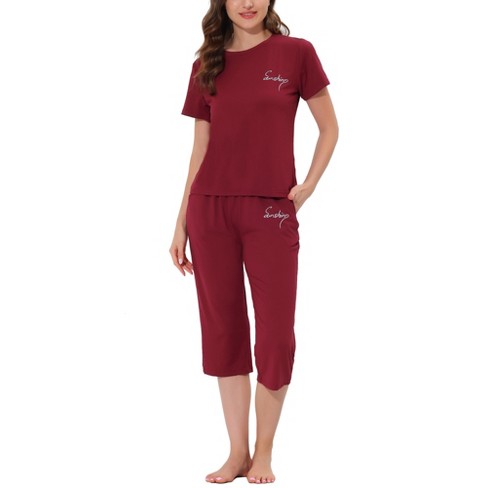 cheibear Women's Round Neck Sleepwear Pajama Set with Capri Pants Red Medium