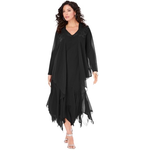 Roaman's Women's Plus Size Three-piece Lace & Sequin Duster Pant Set, 22 W  - Black : Target