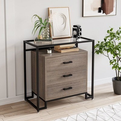 Whizmax Chests of Drawers, Sideboard for Living Room, Dining Room, Bedroom Tempered Glass Top Kitchen Storage Cabinet-Rustic Brown