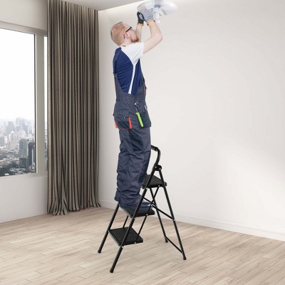 Black Metal Folding 3-Step Ladder with Anti-Slip Pedals