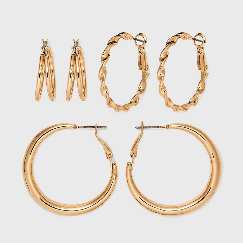 Twisted And Duo Hoop Earring Set 3pc - Universal Thread™ Gold : Target