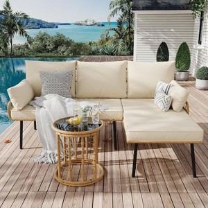 Acekool 3 Piece Patio Set Beige Rattan L-Shaped Sectional Sofa with Chaise Thick Cushions and Tempered Coffee Table for Deck Poolside Backyard Porch - 1 of 4