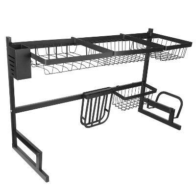 Black Stainless Steel 2-Tier Over Sink Dish Drying Rack with Utensil Cup