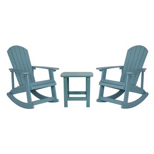 Emma and Oliver Set of 2 Classic All-Weather Poly Resin Rocking Adirondack Chairs in Sea Foam with Matching Side Table for Year Round Use - 1 of 4