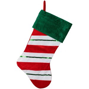 Northlight 18" Green and Red Velvet Sequin Stripe Stocking - 1 of 4