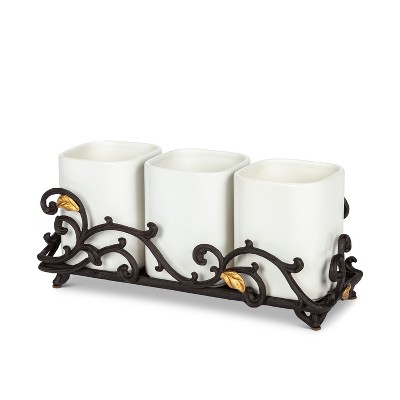 GG Collection Gold Leaf Ceramic 3-vase Flatware Caddy with Espresso Brown Vines and Gold Leaf Accented Base