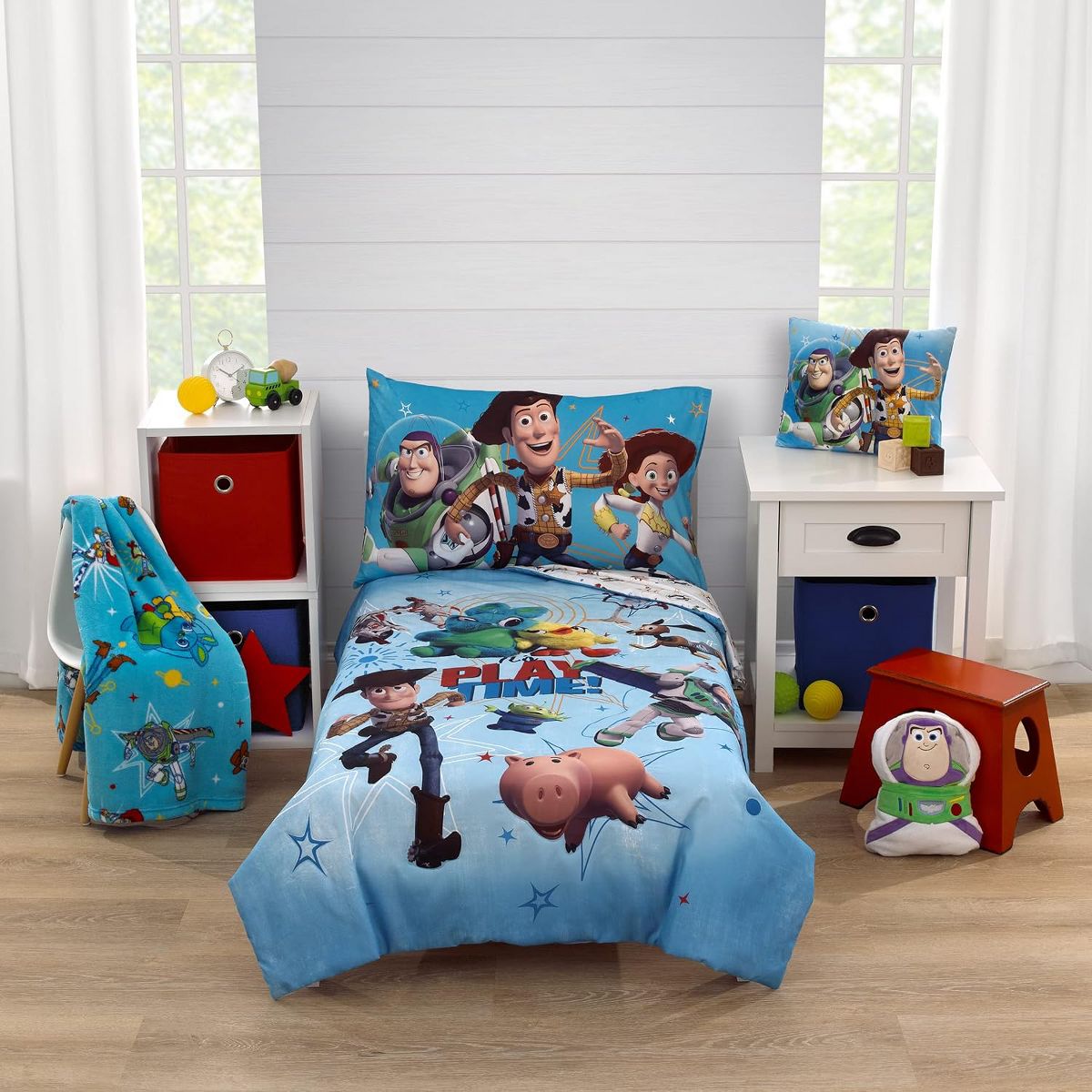 Disney Pixar Toy Story 4-Piece Toddler Bedding Set, Woody, Buzz Lightyear, Jessie & Hamm Comforter, Fitted Bottom Sheet, Flat Top Sheet & Pillowcase