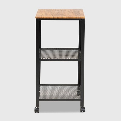 Verna Oak Brown and Black Wood Kitchen Serving Cart with Storage
