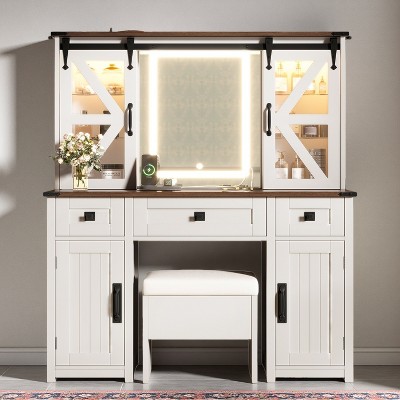 FONTOI 41.3"/43.3"W/44.3"W/47.2"W Makeup Vanity with Mirror Storage Stool 3 Drawers 2 Cabinets and Organizers for Bedroom Dressing Room, White