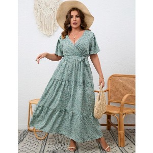 Women Plus Size Maxi Dress V Neck Summer Dress Short Sleeve Long Dress High Waist Ruffle Casual Dress with Belt - 1 of 4