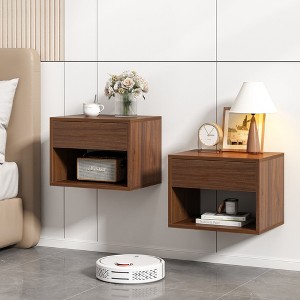 Sandinrayli Nightstands Set of 2, Night Stand with Drawer, Floating Nightstand with Open Storage Shelf, Wall Mounted Wood Bedside Tables, Brown Walnut - 1 of 4