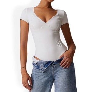 Anna-Kaci Women's Short Sleeve Sweetheart Neckline Bodysuit with Slim Fit and Stretch Fabric - 1 of 4