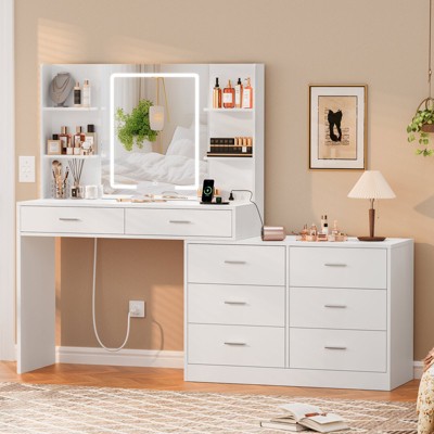 USIKEY Vanity Makeup Desk with LED Light Mirror & Power Outlet, 8 Drawers, & 6 Storage Shelves Dressing Table, Corner Vanity Desk