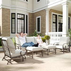 Outsunny 5 Piece Patio Furniture Set with 2 Rocking Chairs, 3-Seat Sofa, and 2 Ottomans for Garden, Lawn, Deck, Backyard, Beige - 1 of 4