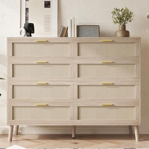 Jojoka 8 Drawer Double Rattan Dresser,Mid Century Modern Dresser for Closet with Handles,Oak - 1 of 4