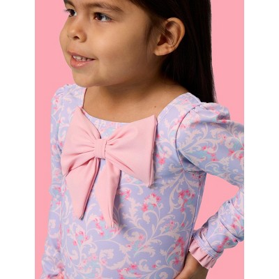 RuffleButts Girls UPF50+ Big Bow Ruffle Long Sleeve Rash Guard One Piece Swimsuit - Lavender Floral Princess, 6 — фото 4