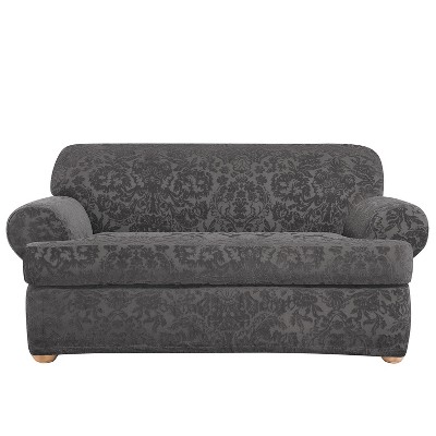 Stretch Jacquard Damask T-Loveseat Slipcover Gray - Sure Fit