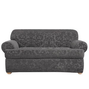 Stretch Jacquard Damask T-Loveseat Slipcover Gray - Sure Fit