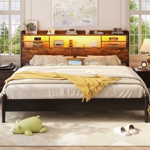 Besiost Headboard with Storage shelves and Charging Station, Wood Headboard with LED Light - 1 of 4