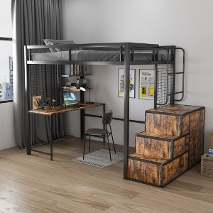 KTMBDW Loft Bed Full Size with Desk and USB Charging, Full Metal Loft Bed with 4 Hidden Drawers, Full Size Metal Bed Frame, Space-Saving, Brown - 1 of 4