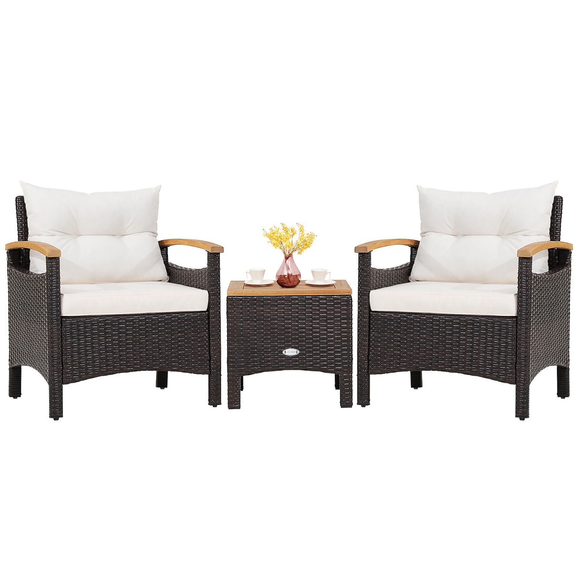 Tangkula 3PCS Patio PE Rattan Conversation Furniture Set Bistro Set Acacia Wood Tabletop
