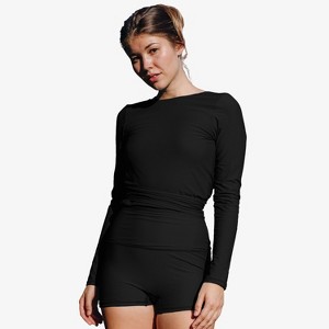 Calypsa Women's Plus Size Avery 2-Piece Long Sleeve Wrap Swim Set With Reversible Top and Tummy Control Shorts - 1 of 3