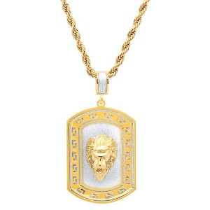 Steeltime 30" 18k gold plated stainless steel sandblast lion head dog tag pendant - 1 of 4