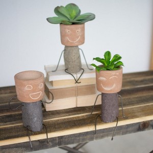 Cheery Friends Clay Planter Pots 7"H - Clay & River Rock Pot Head Shelf Sitters, (2 X Set of 3) by Kalalou - 1 of 3