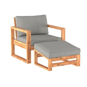 Galia 2pc Square Leg Acacia Wood Chair and Ottoman with Cushions - Brown - Saracina Home - 1 of 4