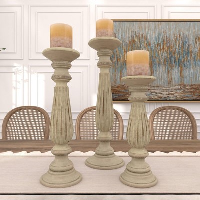 Elegant Mango Wood Teardrop Pillar Candlestick Trio, 18" Brown