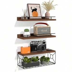 Floating Shelves Wall Set of 3 with Metal Toilet Paper Holder Brown Bathroom Bedroom Living Room Kitchen Office Wall Decor Shelf Dcor - 1 of 4