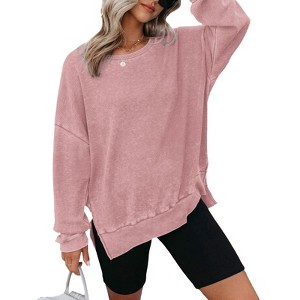 Coolmee Womens Waffle Knit Crewneck Sweatshirts Long Sleeve Side Slits Casual Pullover Sweatshirt Tops - 1 of 4
