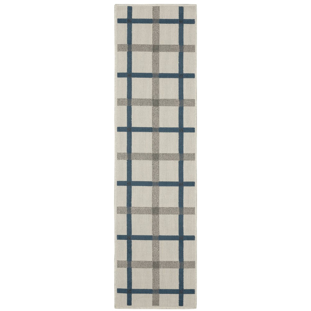 1'10inx7'3in Runner Trinity Textured Plaid Patio Area Rug Beige/Blue - Captiv8e Designs