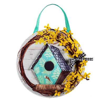 Forsythia and Birdhouse Wreath Door Decor