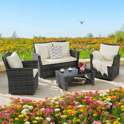 Mshliw 4-Piece Outdoor Patio Furniture Set, Garden Wicker Sofa with Tempered Glass Coffee Table, Poolside Lawn Chairs, Cushions, Modular Design