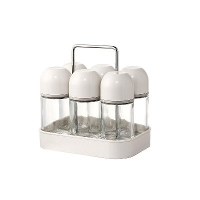 6 Piece Glass Spice Jar Bottles Set with Dispenser Tops and Organization Caddy, Clear & White, 3.5 oz./100 mL