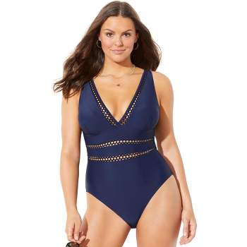 Swimsuits For All Women's Plus Size Chlorine Resistant Zip Front One Piece  Swimsuit 22 Black Royal