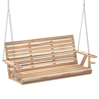 Outsunny Wooden Porch Swing 3-Seater, 5 FT Outdoor Patio Swing Bench with Cupholders