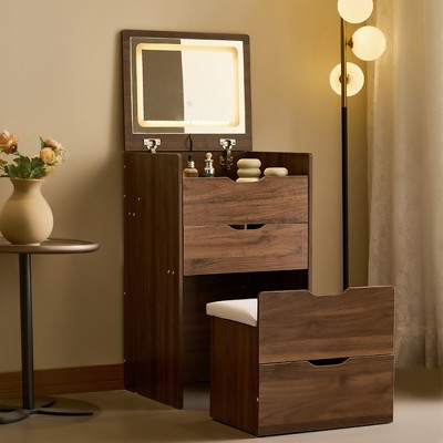 JUJABU 3-in-1 Compact Vanity Desk with Flip-Top Mirror, Glass Top, 3 Drawers & Upholstered Stool for Bedroom