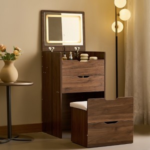 JUJABU 3-in-1 Compact Vanity Desk with Flip-Top Mirror, Glass Top, 3 Drawers & Upholstered Stool for Bedroom - 1 of 4