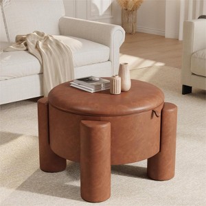 Storage Ottoman with Removable Top, Faux Leather Round Coffee Table & Upholstered Footrest - 1 of 4