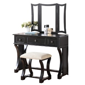 Poundex Wooden Makeup Vanity Set Desk, Mirror and Stool - 1 of 2