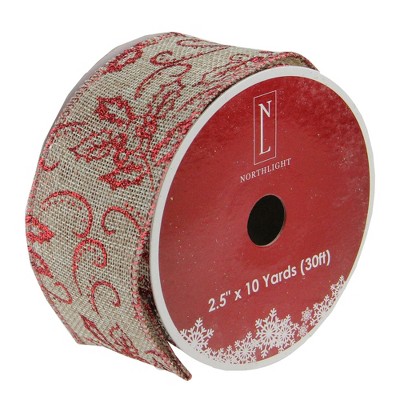 Northlight Club Pack of 12 Red and Beige Burlap Wired Christmas Craft Ribbon Spools - 2.5" x 12 Yards