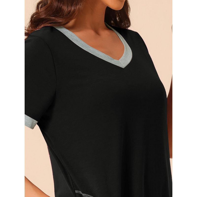 cheibear Women's V Neck Nightshirt Long Basic Slit Nightgown Short Sleeve Sleepshirt with Pockets, 4 of 6