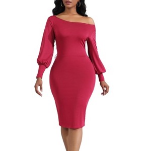 Womens Off-Shoulder Bodycon Wedding Guest Dress Long Sleeve Elegant Midi Dress Rose Red L - 1 of 3