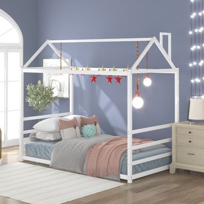 NicBex Twin Size Platform Bed 76.6" L Modern House-Shaped Metal Bed Frame with Chimney for Bedroom, Guest Room, No Box Spring Required, White
