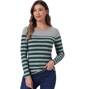 INSPIRE CHIC Women's Color Block Round Neck Long Sleeves Striped Basic T-Shirt - 1 of 4